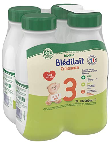 Blédina - Blédilait - Lait Croissance 3ème âge - Lait Liquide pour bébé - De 1 à 3 ans - 4x500mL