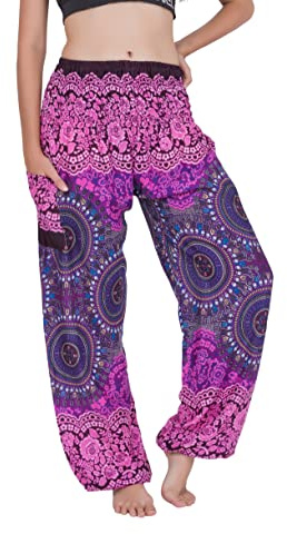 CHAINUPON Harem Trousers Women Boho Loose Yoga Pants Casual Bohemian Hippie Lounge Elephant Pyjamas Bottoms (L-XL, Bohorose Purple)