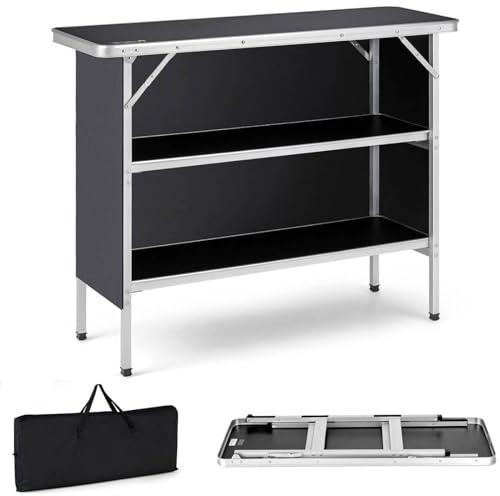 SPOTRAVEL Folding Camping Table, 110cm/206cm Aluminum Picnic Table with 2-Tier Shelves, Removable Oxford Cloth & Carry Bag, Portable Outdoor Catering Desk for BBQ Party (Black, 110 x 38 x 88 cm)