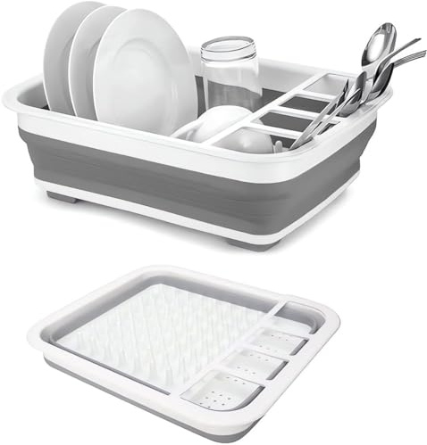 König Design Faltbarer Geschirrständer Abtropfgestell Klein für Camping - Geschirrabtropfgestell, Geschirrtrockner Abtropfgestell Abtropfgitter Spüle Abtropfschale Geschirr & Besteck (520g) Grau-Weiß