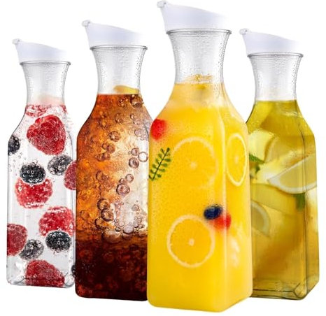 Set of 4 Plastic Carafe with Lid, 50 Oz Carafes for Mimosa Bar, Square Base Juice Containers, Water Bottle, Milk Container, Clear Beverage Containers for Fridge- HAND WASH ONLY