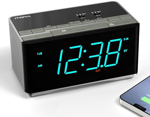 iTOMA Radiowecker，Bluetooth Stereo Lautsprecher, FM Radio, Dual Wecker, Snooze, Helligkeitsdimmer, USB-Aufladung, Wecker für Schlafzimmer Büro 3501