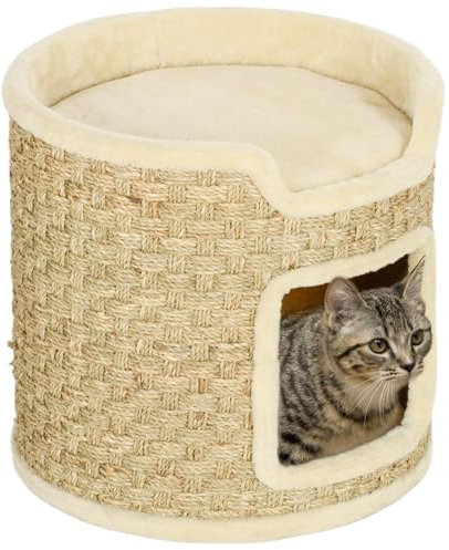 PawHut Kratztonne, 37 cm Hoch Katzentonne, Katzenhöhle mit Tür, Katzenhaus, Kratzbaum mit 2 Ebene, Katzenturm, Katzenbett aus Sisal, für Katze bis 5 kg, Khaki