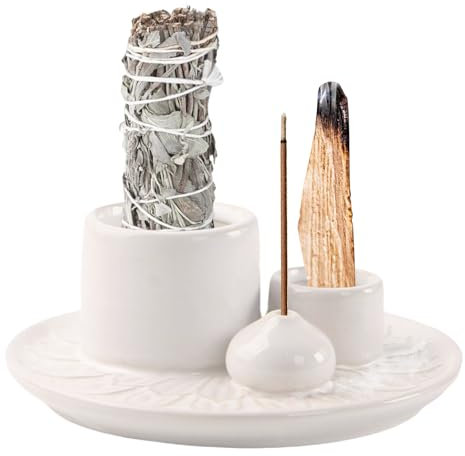 RAFIYU 4 in 1 Räucherstäbchenhalter, Diese Räucherschale für jedes Räucherwerk, Palo Santo, Salbei Räuchern und Kerzenhalter, Räucherstäbchen Halter ideal für Home Decor, Meditation und Yoga (Weiß)