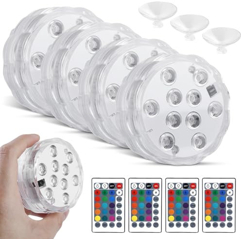 HOSPAOP Poolbeleuchtung Unterwasser LED Licht Wasserdichte mit Fernbedienung, Timer, 10 LEDs und Saugnapf für Vase Base Party Halloween Weihnachten Schwimmbad Teich Hochzeit Party, 4 Stück