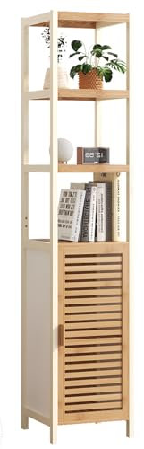 YUODIJIO Badschrank Hochschrank Bad Hochschrank 33 cm Breit Schmaler Badezimmerschrank Bambus mit 3 Offene Fächern Toilettenschrank BadezimmerschräNke Badregal für Wohnzimmer