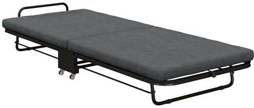 HOMCOM Cama Plegable 1 Persona 188 x 76 cm, Cama supletoria Plegable con colchón de 7 cm sobre Ruedas con Respaldo Regulable, Capacidad de Carga 150 kg, Gris Oscuro