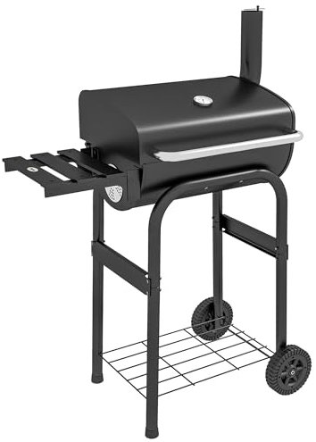 Outsunny Carro para barbacoa de carbón, con estantes, ruedas, tapa, termómetro, chimenea, en metal negro