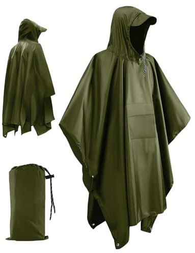 Trongle Waterproof Rain Poncho Adults, Reusable Lightweight Waterproof Poncho 3-in-1 Multifunctional Waterproof Raincoat with Hood for Hiking, Camping & Outdoor Activities, Green