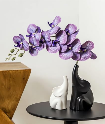 Elefante portafortuna,Coppia di elefanti amorevoli con fiore,moderna statua decorativa in ceramica,per libreria, soggiorno,ufficio,tavolo,mensole.Regalo per amante,moglie,madre (Nero bianco viola)