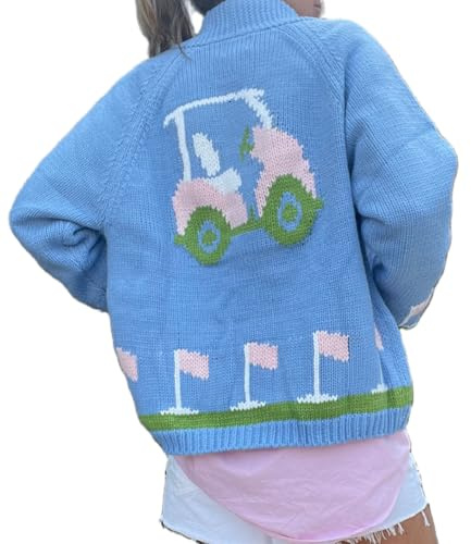 TUWIXIUW Women Graphic Cardigan Sweaters Oversized Lapel Button Down Long Sleeve Knit Cardigans Outwear Coats Jacket(Cute Blue,X-Large)