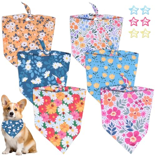 YiiHHooN Bandanas para Perros, 6 Pañuelos para Perros y 6 Pinzas para el Pelo con Forma de Estrella, Bandanas Triangulares para Perro Pañuelos para Gatos Pequeños y Medianos