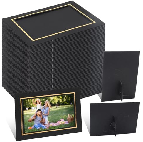 100 Pcs Paper Picture Frames with Easel, 4 x 6 Inch Cardboard Standing Paper Photo Frames & Gold Lining for DIY Art Display (Black)