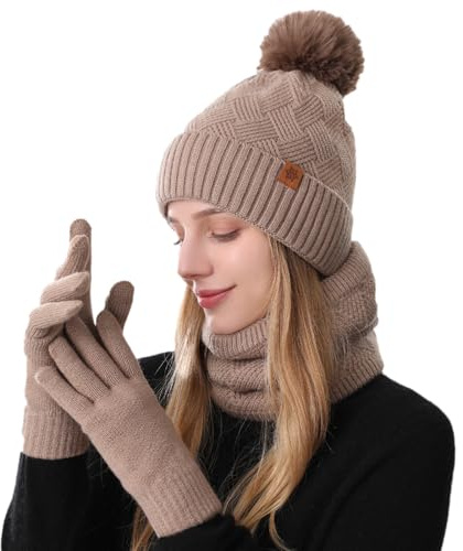 MAZELIKEHOOD Hat Scarf Gloves Set for Women 3Pcs Winter Warm Knitted Beanie Hat Ladies Gloves Scarf Neck Warmer 3 in 1 Cold Weather Set