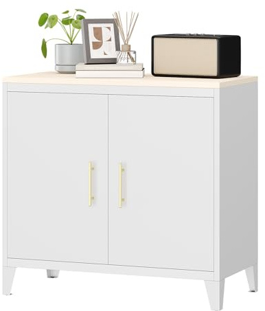 FlairVibe Armadio da Rango in Metallo Bianco con Maniglia Dorata - Piano Superiore in Legno - 76H x 80L x 40P cm - Per Cucina, Corridoio, Balcone, Giardino, Soggiorno