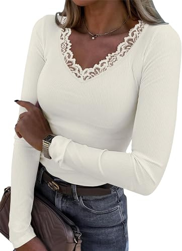 Chicrise Haut Femme Dentelle Chic Col en V Pulls Tricot Longue Élégant Thermique Top Moulante Sexy Blanc Petit 34-36 S