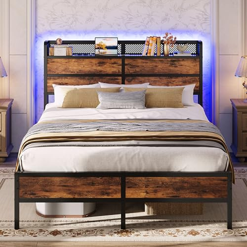 IRONCK Bett 140x200 cm mit LED Beleuchtung, Bettgestell 140x200 mit Steckdosen, USB & Typ-C-Anschluss, Metall Doppelbett mit Holzkopfteil Stauraum, Bettrahmen mit Lattenrost, Unterbett Stauraum