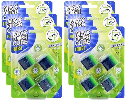 6 Pack Max Flush Cube Toilet Cleaning Blocks – Forest Scent | In-Cistern Foaming Cleaner with Coloured Water | Long-Lasting Limescale Protection & Fresh Fragrance (24 Cubes)