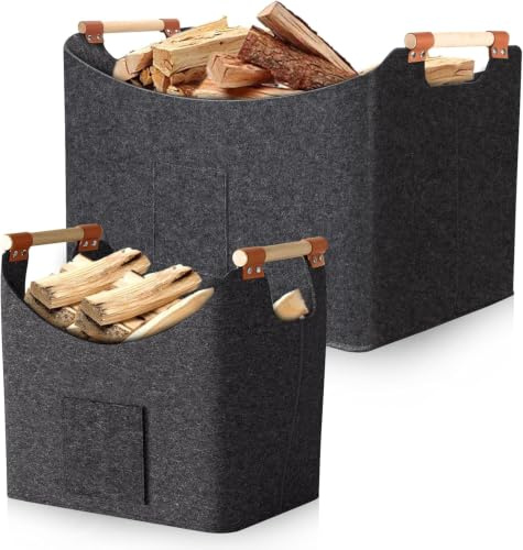 Rurbeder Lot de 2 paniers à bûches en feutre extra épais et poignée renforcée, sac pliable, avec poche avant, 67 L et 96 L, 50 x 32 x 40 cm, 60 x 40 x 40 cm, pour ranger les journaux de la cheminée