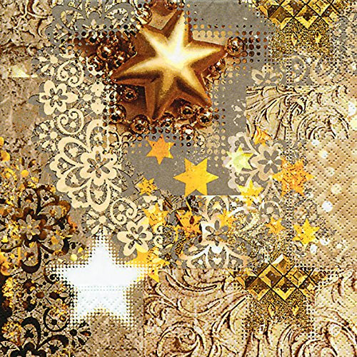 20 Servietten Goldrausch mit Sterne als Tischdeko Weihnachten. Papierservietten gold Muster. Auch für Decoupage und Serviettentechnik 33x33cm