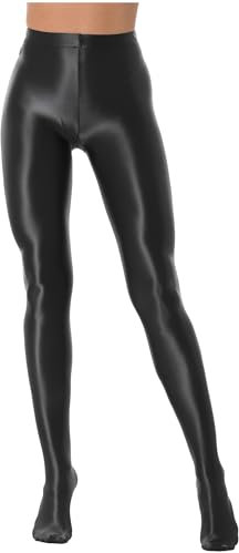 Aislor Damen Glänzende Strumpfhosen Transparent Leggings Nylon Dessous High Waist Yoga Sport Tanz Hose Slim Fit Pants Sporthosen Schwarz XL