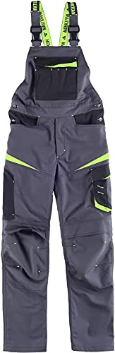 Work Team Pantalones con Peto de Trabajo. Tejido Canvas (Extremadamente Resistente y Duradero). Tirantes con elástico y Hebillas automáticas. Unisex Gris Oscuro+Negro+Verde Lima L