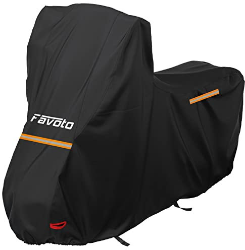 Favoto Motorradabdeckung Wasserdicht Motorrad Abdeckpane Outdoor 210D Oxford für Motorräder Elektroroller mit Windschutzscheibe Reflektionsstreifen Schloss-Loch 220cmx105cmx160cm Schwarz