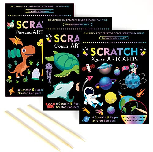 Xijuer 3 Satz Scratch Paper Scratch Art Notebook, Dino Kratzbilder Notizbuch Set mit Holzstiften, Kratzbilder für Kinder Deko DIY Handwerk (Dinosaurier/Unterwasserwelt/Raumfahrer)