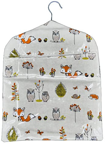 Jolee Fabrics Premium Oilcloth Peg Bags with Wooden Hanger - Large Waterproof Peg Bag, Clothes Clip Storage Perfect for Any Washing Line(Beige Foxes and Owls)
