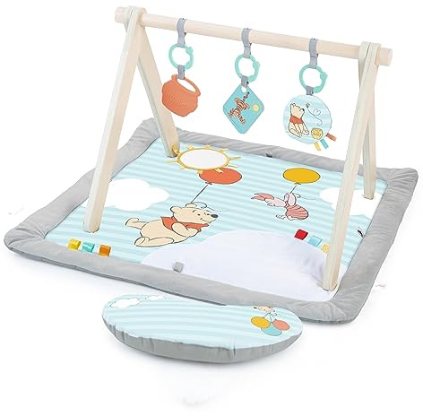 Bright Starts Disney Winnie PUUH Once Upon a Tummy Time Baby Aktivitätenmatte mit Spielzeugstange aus Holz, Blau, Neugeboren