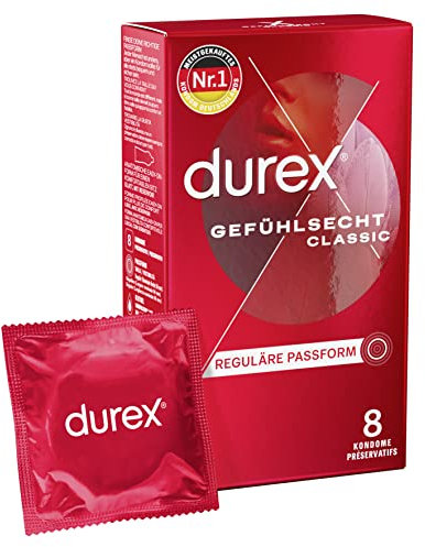 Durex Gefühlsecht Classic Kondome – Dünne Kondome mit anatomischer Easy-On-Form & mit Silikongleitgel befeuchtet – 8er Pack (1 x 8 Stück)
