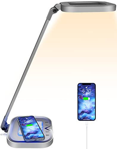 bybule Schreibtischlampe LED mit 10W Wireless Charging Tischlampe Dimmbar 5 Farben 5 Helligkeitsstufen 24W Tischlicht Nachtlicht mit USB-Anschluss Memory Funktion Touch Control für Büro Studieren