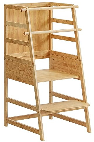 HOOBRO Lernturm für Kinder, Tritthocker Kinder, Höhenverstellbarer Tritthocker, Stehhelfer mit Sicherheitsstangen und rutschfesten Matten, für Küche, Kinderzimmer, Naturfarben EYL50JD01