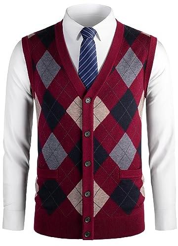Herothorn Chaleco de Punto para Hombre Argyle Suéter Cárdigan sin Mangas Jersey con Botón Gentleman Clásico Grueso Tank Tops con Cuello en V Otoño Invierno