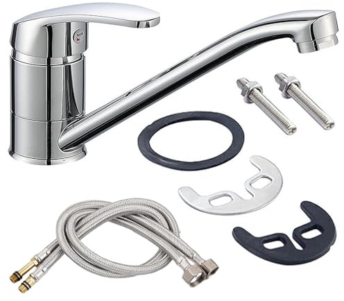 Rubinetto miscelatore per lavello da cucina e 2 tubi flessibili da 60 cm, rubinetto per roulotte, leva superiore monoblocco singola con beccuccio girevole lungo, rubinetto tradizionale cromato