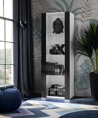 Komodee, Vitrine Schrank Tivoli, Schwarz/Weiß, Breite 55cm x Höhe 159cm x Tiefe 35cm, 3 Regalböden, Glassvitrine für Wohnzimmer, Schlafzimmer, Eingang