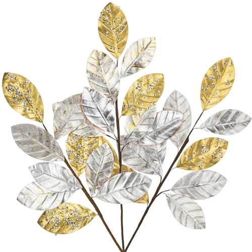 23.6” Christmas Tree Picks and Sprays 3Pcs Silver and Gold Artificial Magnolia Stems Magnolia Leaves Branches Fake Silver Leaf Floral for Vase DIY Xmas Tree Garland Wreath Centerpieces Wedding Decor