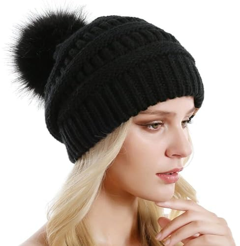 HSAJS Gorro de Invierno Con Pompón Para Mujer - Gorra de Punto Gruesa y Holgada Para Esquí - Sombrero Beanie Casual Chunky Soft Oversized Para Regalos (Negro)