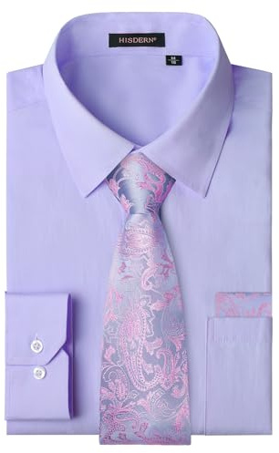 HISDERN Camicia Lilla Uomo Elegante Camicie Matrimonio Manica Lunga con Cravatta Classico Tinta Unita XL