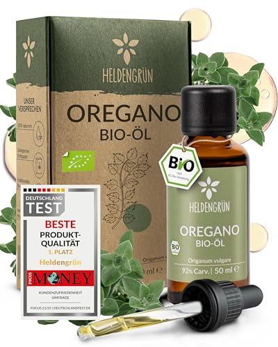 Heldengrün® BIO Oregano Öl 50 ml [MAX HOCHDOSIERT] mit +92% Carvacrol - Zertifiziertes Lebensmittel zum Einnehmen - Oreganoöl Bio aus Griechenland - Oregano Oil