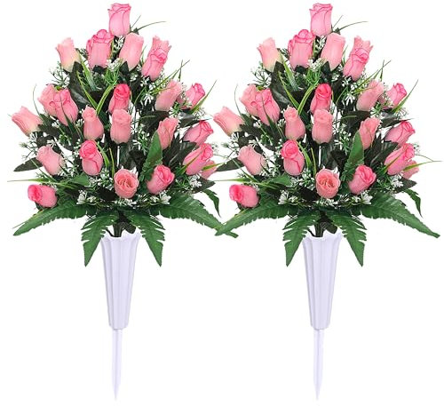 Lodou Artificial Cemetery Flowers,Outdoor Grave Decorations Roses,Arrangements Bouquet with Cemetery Vase, Silk Flowers for Long-Lasting Remembrance (Pink)