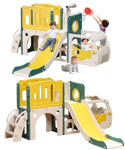 Toddler Slide Kids Slide Playset for Babies Bus Themed Toddler Playground with Climber Baskteball Hoop Indoor Playground Outdoor
