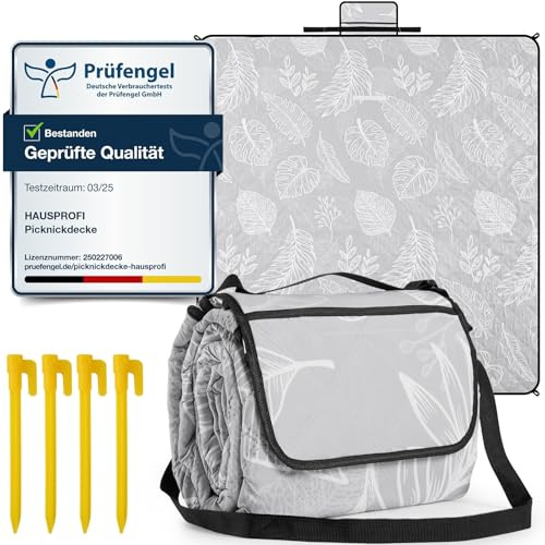 HAUSPROFI Picknickdecke 200x200 cm, wasserdicht & isoliert - Outdoor Decke für Picknick, Strand, Camping, mit Baumwolle gepolstert, inkl. Tragegriff & Heringe, Tragbar, Waschbar & formstabil