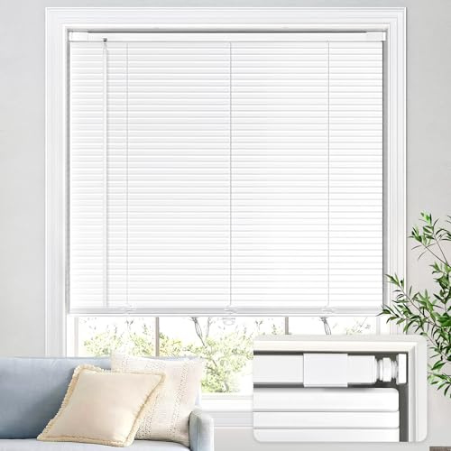UNISHADES No Drill Blinds for Windows 1 Aluminum Cordless Mini Blinds L-Shaped Slat 100% Privacy, for Window Size 20 W × 48 H - White