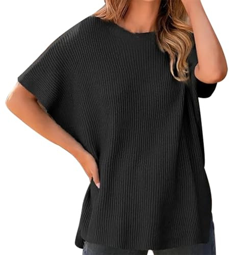 T-shirt en tricot à manches courtes pour femme - Col rond - Pull d'été avec manches chauve-souris - Pull en tricot ample - T-shirt basique uni, Noir , XXL