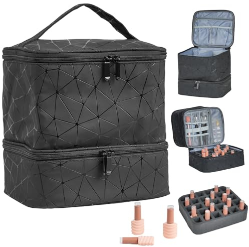 ZHLIMY Nagellack Aufbewahrung Organizer Tasche, Nail Polish Organizer mit Fächern, Doppelschicht Nagellack Aufbewahrungsbox, Tragbare Reise nagelkoffer für 30 Flasche und Nagellampe (Schwarz)