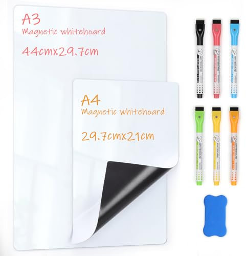 VynyQoo Lavagna Magnetica Frigorifero, Set da 2 (A3 + A4) Lavagne Cancellabili con 6 Pennarelli e 1 Cancellino, Facile da Scrivere e Pulire, Planner Settimanale per Casa, Cucina, Ufficio, Scuola