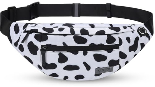 MAXTOP Large Bumbag Waist Fanny Pack Running Belt for Men Women Unisex Bum Bag with Headphone Jack and 4-Zipper Pockets Adjustable Belt for Travel Running Jogging Workout Hiking Gifts Cow Print White