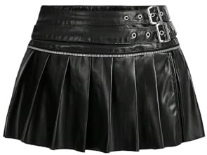GORGLITTER kjol dam elegant läderkjol låg midja festkjol veckad kjol med bältesdetalj en linje minikjol Y2k party outfit, svart, M