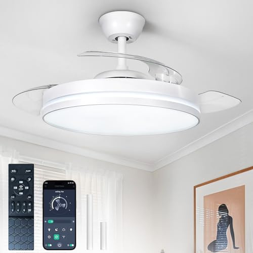 Depuley Retractable Ceiling Fans with Lights: 42 Inch Modern Fandelier Ceiling Fan with Light Remote & APP Control - White Dimmable LED Chandelier Fan Invisible Blades Reversible for Living Room
